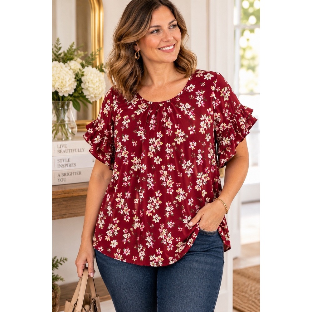 Lane Bryant Size 24 Burgundy Floral Blouse Ruffle Sleeve Plus Size Womens